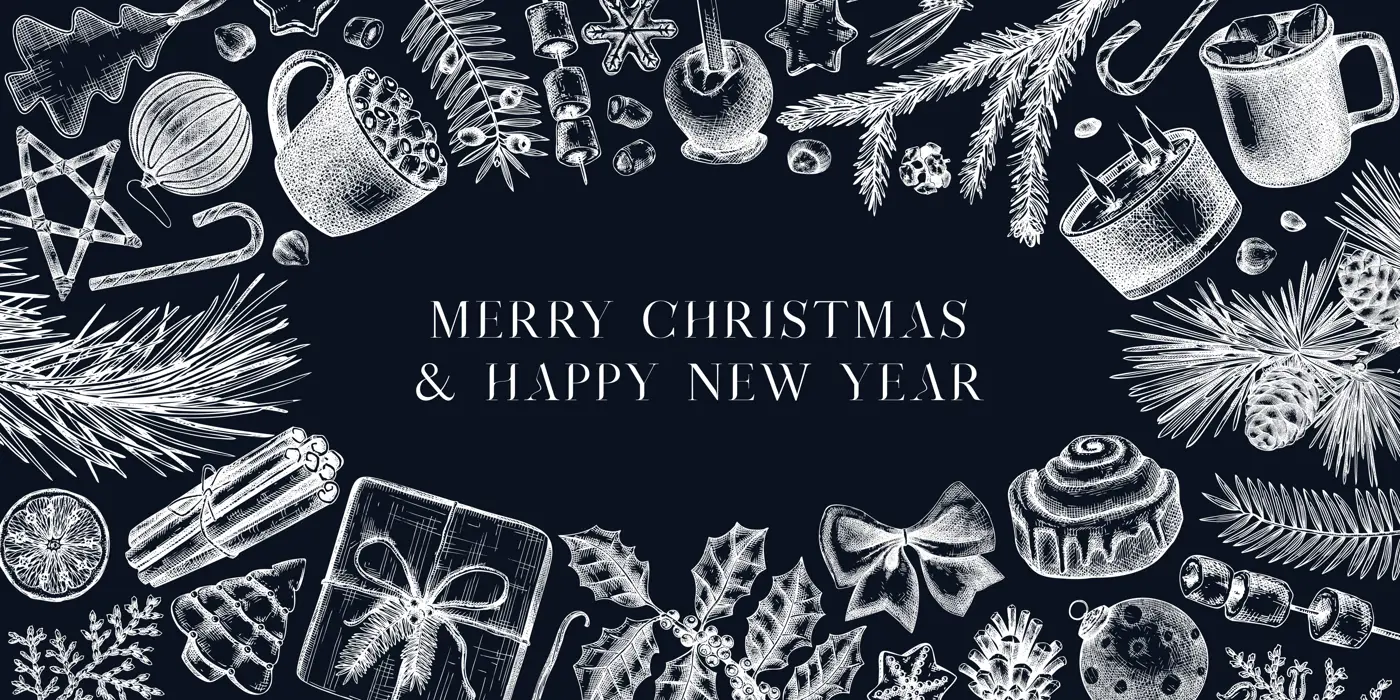 Vintage Christmas background on chalkboard. Popular holiday banner with winter decor, hot drinks, traditional sweets, and winter plants. Christmas decoration, greeting card or invitation design Illustration